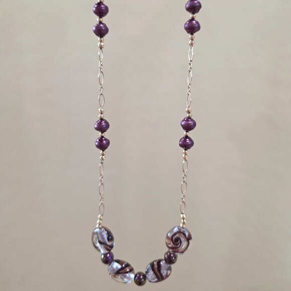 Vintage Murano Peacock Crimson Glass Pearl Amethyst Cat Eye Bead 14k/20 Necklace - Picture 3 of 16